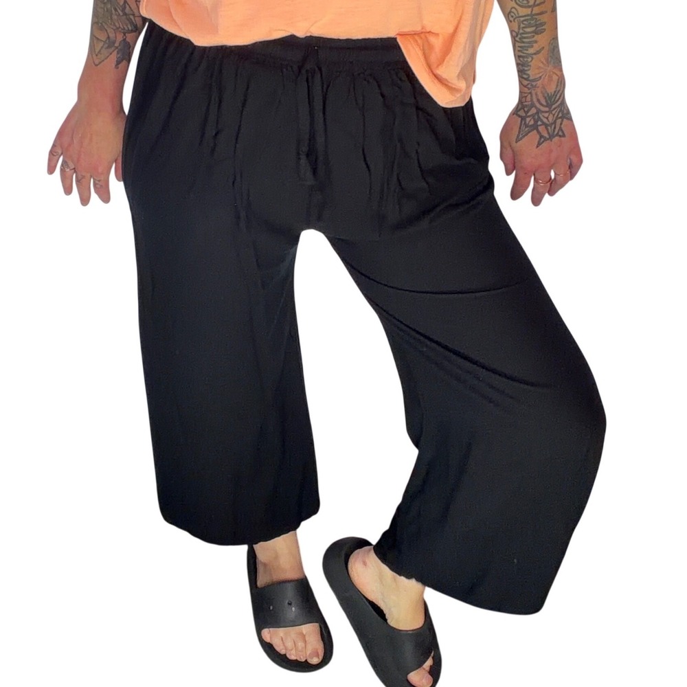 Womens Wide Leg Crop Pants Black Boho Coastal Relaxed Drawstring Soft Flowy S/M